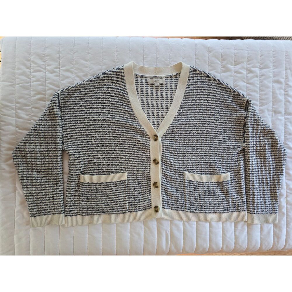 LOFT Women’s Size Large Knit Cardigan Sweater Black White Striped Pocket V-Neck